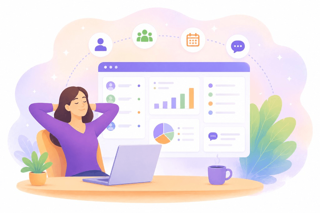 Illustration of a relaxed association leader at her desk while Organn dashboards handle membership and operations