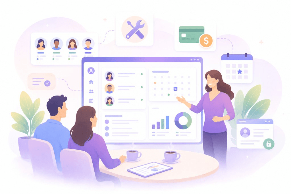 Illustration of a team reviewing Organn dashboards for members, calendar, and analytics