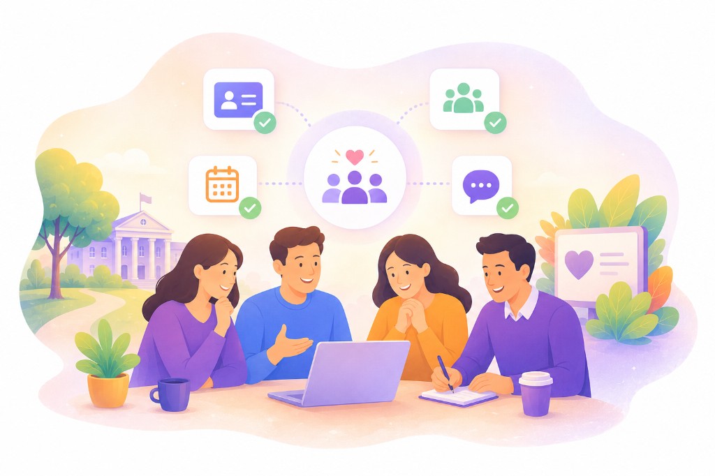 Illustration of a collaborative team using Organn for member community and operations